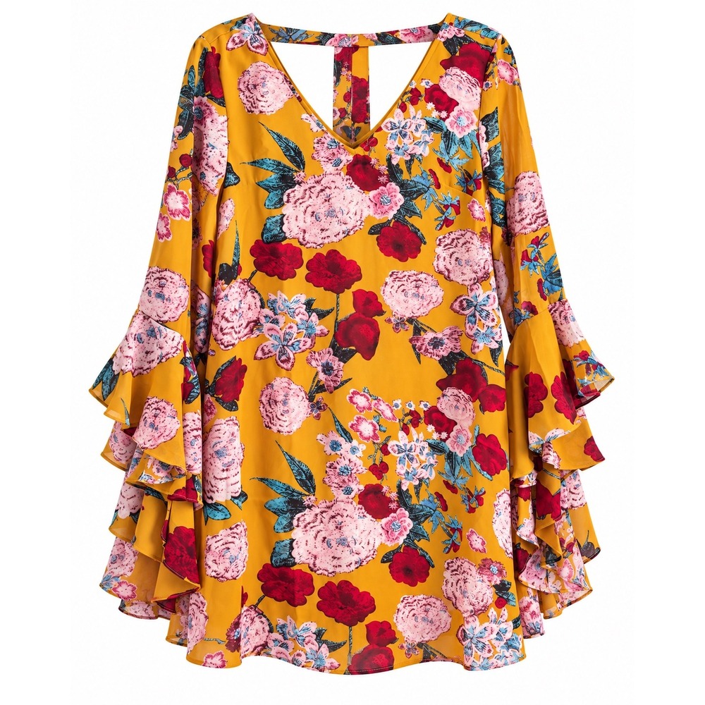 Entro NWT Boho Floral Dress S Mustard Chiffon Ruffle Sleeve Cottagecore